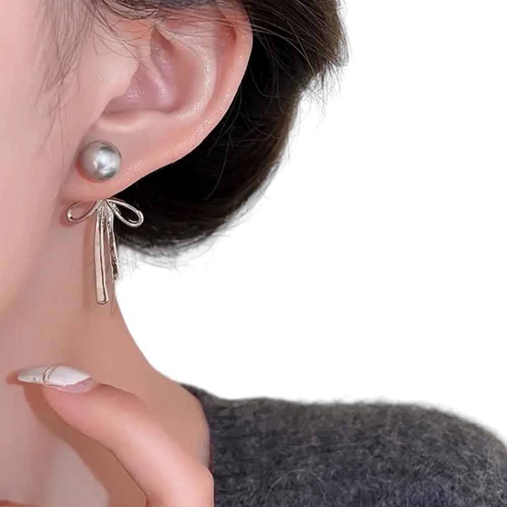 French Style Bowknot Silver and Pearl Drop Earrings